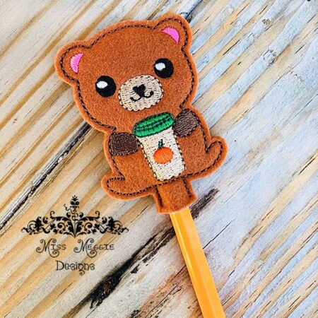 Bear pumpkin coffee latte Pencil Topper ITH Embroidery design